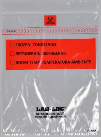 Lab-Loc - Specimen Transport Bag with Document Pouch 8 X 10 Inch Zip Closure Biohazard Symbol / Storage Instructions NonSterile - LABZ810B