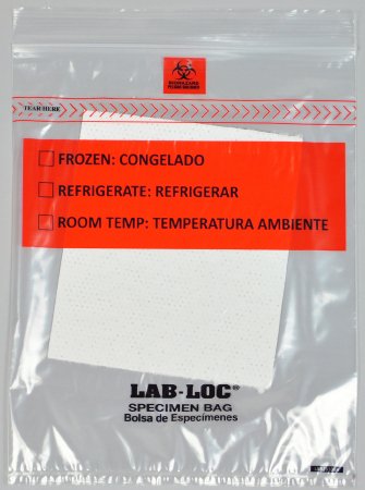 Lab-Loc - Specimen Transport Bag with Document Pouch and Absorbent Pad 8 X 10 Inch Zip Closure Biohazard Symbol / Storage Instructions NonSterile - LABZ810BA
