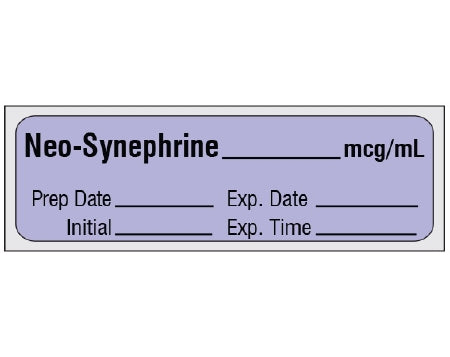 Shamrock Scientific Shamrock Pre-Printed Label Anesthesia Label Neo-Synephrine _____ mcg / mL / Prep Date _____ Exp. Date _____ / Initial _____ Exp. Time _____ Violet 1/2 X 500 Inch - SA-285-EXP-PRE
