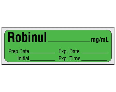 Shamrock Scientific Shamrock Pre-Printed Label Anesthesia Label ROBINUL _____ mg / mL / Prep Date _____ Exp. Date _____ / Initial _____ Exp. Time _____ Green 1/2 X 500 Inch - SA-312-EXP-PRE