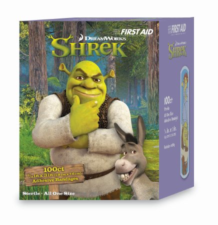 Dukal American White Cross First Aid Adhesive Strip 3/4 X 3 Inch Plastic Rectangle Kid Design (Shrek and Fiona) Sterile - 10845