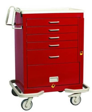 Auxo Medical Emergency Cart Stainless Steel 25 X 32 X 42.75 Inch 5 Drawers Red - AM-MBS-527