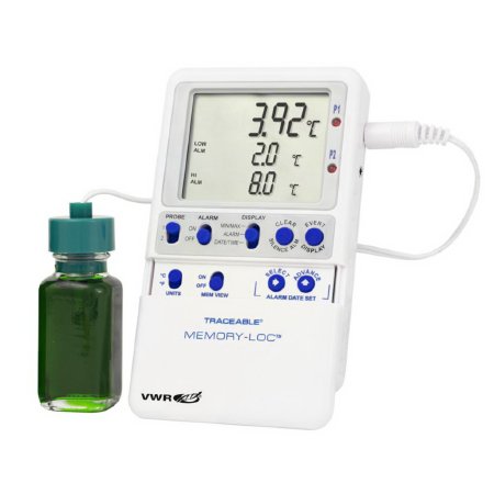 VWR Traceable Memory-Loc - Refrigerator / Freezer Temperature Data Logger with Alarm Fahrenheit / Celsius -58° to +158°F (-50° to +70°C) 2 Glycol Bottle Probes Multiple Mounting Options Battery Operated - 10048-650