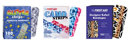 American White Cross Stat Strip - Adhesive Strip 3/4 X 3 Inch Plastic Rectangle Kid Design (Glitter / Camo / Safari) Sterile - 15611