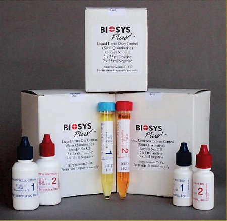 Biosys Plus Drop Reproductive Endocrinology Assay Urinalysis Control Kit Leukocytes, Nitrite, Urobilinogen, Protein, pH, Blood, Specific Gravity, Ketones, Bilirubin, Glucose, Hemoglobin, Microalbumin, Creatinine, hCG 2 Levels 2 X 2 X 25 mL