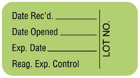 United Ad Label - Pre-Printed / Write On Label Advisory Label Light Green Paper Date Rec'd.___________Date Opened___________Exp. Date___________Reag. Exp. Control Lot No. Quality Control Label 7/8 X 1-5/8 Inch - ULLR104