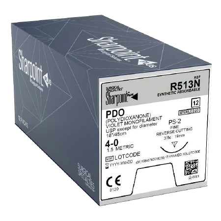 Surgical Specialties - Suture with Needle Absorbable Uncoated Violet Suture Monofilament Polydioxanone Size 4 - 0 18 Inch Suture 1-Needle 19 mm Length 3/8 Circle Precision Reverse Cutting Needle - R513N