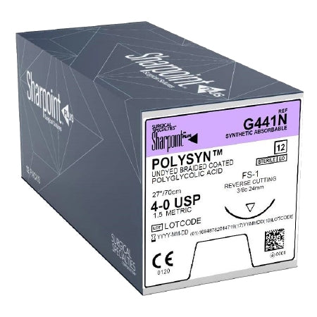 PolySyn - Suture with Needle Absorbable Coated Undyed Suture Braided Polyglycolic Acid Suture Size 4 - 0 27 Inch Suture 1-Needle 24 mm Length 3/8 Circle Reverse Cutting Needle - G441N