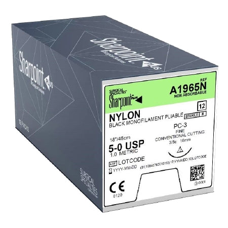 Surgical Specialties - Suture with Needle Nonabsorbable Uncoated Black Suture Monofilament Nylon Size 5 - 0 18 Inch Suture 1-Needle 16 mm Length 3/8 Circle Precision Conventional Cutting Needle - A1965N