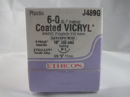 Coated Vicryl - Suture with Needle Absorbable Coated Undyed Suture Braided Polyglactin 910 Size 6 - 0 18 Inch Suture 1-Needle 11 mm Length 3/8 Circle Reverse Cutting Needle - J489G