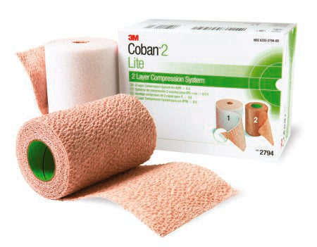 3M Coban 2 Layer Compression Bandage System 4 Inch X 2-9/10 Yard / 4 Inch X 5-1/10 Yard 25 to 30 mmHg Self-adherent / Pull On Closure Tan / White NonSterile - 2794N