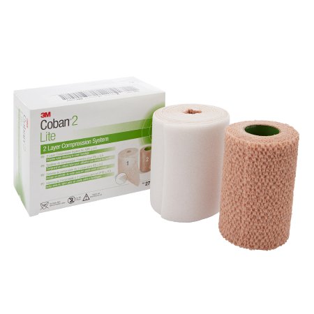 3M Coban2 Lite - 2 Layer Compression Bandage System 4 Inch X 2-9/10 Yard / 4 Inch X 5-1/10 Yard 25 to 30 mmHg Self-adherent / Pull On Closure Tan / White NonSterile - 2794N