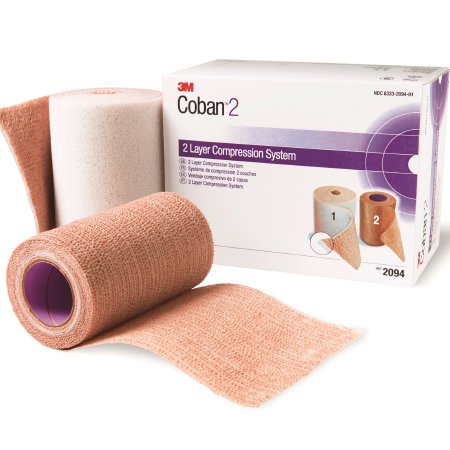 3M Coban 2 - 2 Layer Compression Bandage System 2-9/10 Yard X 4 Inch / 4 Inch X 5-1/10 Yard 35 to 40 mmHg Self-adherent / Pull On Closure Tan / White NonSterile - 2094N