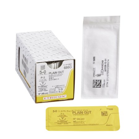 J & J Healthcare Systems - Suture with Needle Absorbable Uncoated Undyed Suture Plain Gut Size 5 - 0 18 Inch Suture 1-Needle 13 mm Length 3/8 Circle Precision Point - Reverse Cutting Needle - 686G