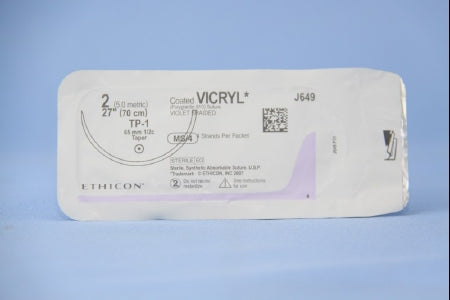 J & J Healthcare Systems Coated Vicryl Suture with Needle Absorbable Coated Violet Suture Braided Polyglactin 910 Size 2 27 Inch Suture 1-Needle 65 mm Length 1/2 Circle Taper Point Needle - J649G