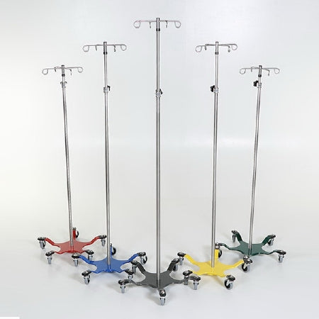 Mid Central Medical IV Stand Floor Stand 4-Hook 5 Legs, 3 Inch Scuff Resistant Casters, 22 Inch Stainless Steel Base, Rubber Bumpers - MCM271