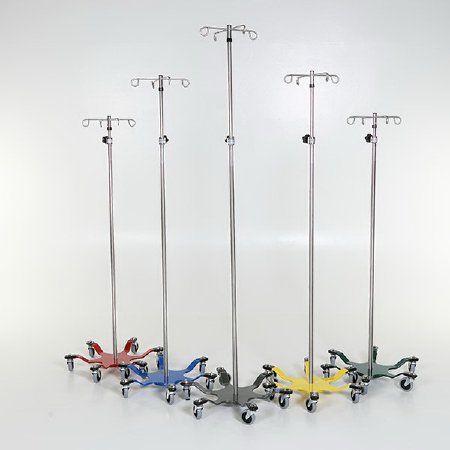 Mid Central Medical - IV Stand 4-Hook 6 Legs, 3 Inch Scuff Resistant Casters, 22 Inch Stainless Steel Base, Rubber Bumpers - MCM276