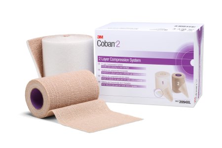 3M Coban 2 Layer Compression Bandage System 4 Inch X 3-4/5 Yard / 4 Inch X 6-3/10 Yard 35 to 40 mmHg Self-adherent / Pull On Closure Tan / White NonSterile - 2094XL