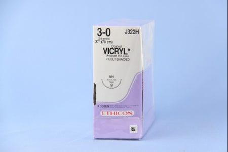 J & J Healthcare Systems Coated Vicryl Suture with Needle Absorbable Coated Violet Suture Braided Polyglactin 910 Size 3-0 27 Inch Suture 1-Needle 36.4 mm Length 1/2 Circle Taper Point Needle - J322H