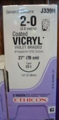J & J Healthcare Systems Coated Vicryl Suture with Needle Absorbable Coated Violet Suture Braided Polyglactin 910 Size 2-0 27 Inch Suture 1-Needle 36 mm Length 1/2 Circle Taper Point Needle - J339H