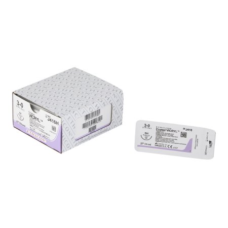 Coated Vicryl - Suture with Needle Absorbable Coated Undyed Suture Braided Polyglactin 910 Size 3 - 0 27 Inch Suture 1-Needle 26 mm Length 1/2 Circle Taper Point Needle - J416H