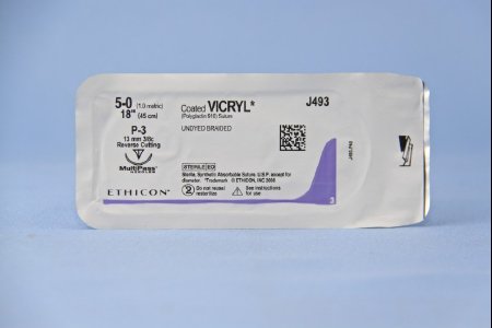 J & J Healthcare Systems Coated Vicryl Suture with Needle Absorbable Coated Undyed Suture Braided Polyglactin 910 Size 5-0 18 Inch Suture 1-Needle 13 mm Length 3/8 Circle Reverse Cutting Needle - J493G