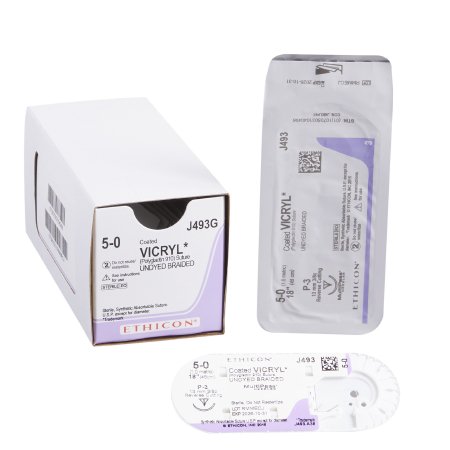 Coated Vicryl - Suture with Needle Absorbable Coated Undyed Suture Braided Polyglactin 910 Size 5 - 0 18 Inch Suture 1-Needle 13 mm Length 3/8 Circle Reverse Cutting Needle - J493G
