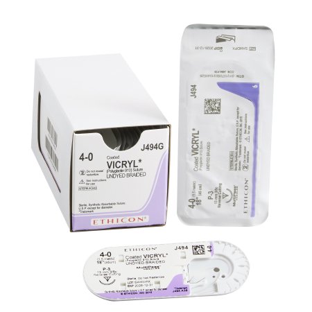 Coated Vicryl - Suture with Needle Absorbable Coated Undyed Suture Braided Polyglactin 910 Size 4 - 0 18 Inch Suture 1-Needle 13 mm Length 3/8 Circle Reverse Cutting Needle - J494G
