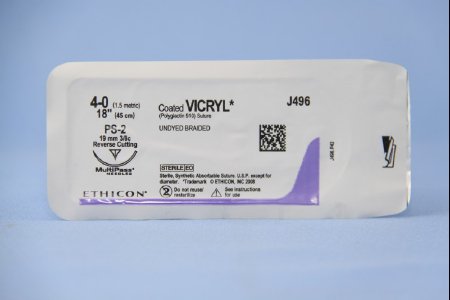 J & J Healthcare Systems Coated Vicryl Suture with Needle Absorbable Coated Undyed Suture Braided Polyglactin 910 Size 4-0 18 Inch Suture 1-Needle 19 mm Length 3/8 Circle Reverse Cutting Needle - J496G