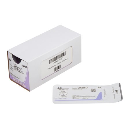 Coated Vicryl - Suture with Needle Absorbable Coated Undyed Suture Braided Polyglactin 910 Size 4 - 0 18 Inch Suture 1-Needle 19 mm Length 3/8 Circle Precision Point - Reverse Cutting Needle - J496G