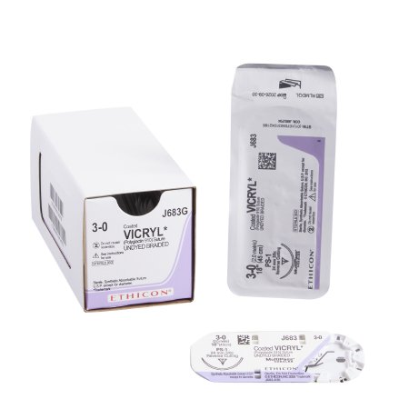 Coated Vicryl - Suture with Needle Absorbable Coated Undyed Suture Braided Polyglactin 910 Size 3 - 0 18 Inch Suture 1-Needle 24 mm Length 3/8 Circle Reverse Cutting Needle - J683G