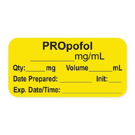 Precision Dynamics Pre-Printed Label Anesthesia Label PROpofol____mg/mL/Qty:___mg Volume_____mL/Date Prepared:____Init___/Exp.Date/Time:____ Yellow 3/4 X 1-1/2 Inch - LAN-2-27