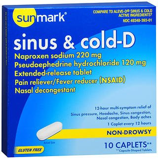 McKesson sunmark Cold and Sinus Relief 220 mg - 120 mg Strength Caplet 10 per Box - 49348039301