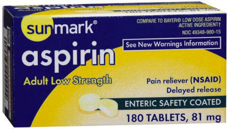 McKesson sunmark Pain Relief 81 mg Strength Aspirin Tablet 180 per Bottle - 49348098015
