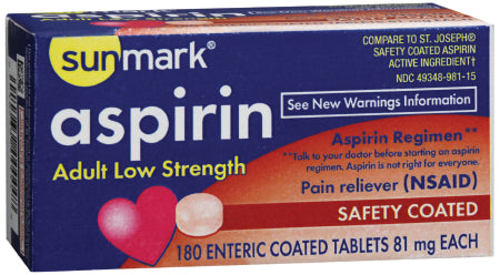 McKesson sunmark Pain Relief 81 mg Strength Aspirin Tablet 180 per Bottle - 49348098015