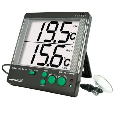 VWR Traceable - Digital Thermometer with Alarm Fahrenheit / Celsius -58° to +158°F (-50° to +70°C) Internal Sensor / External Probe Wall Mount Battery Operated - 62344-914