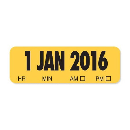 PDC Healthcare Spee-D-Date Pre-Printed Label 1 JAN 2016 HR MIN AM [] PM [] Yellow 1/2 X 1-1/2 Inch - SDD0116000050