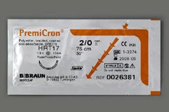 Aesculap PremiCron Suture with Needle Nonabsorbable Coated Green Suture Braided Polyester Size 2-0 75 cm Suture 1-Needle 26 mm Length 1/2 Circle Round Bodied Needle with Taper Point - Heavy Body - C0026052