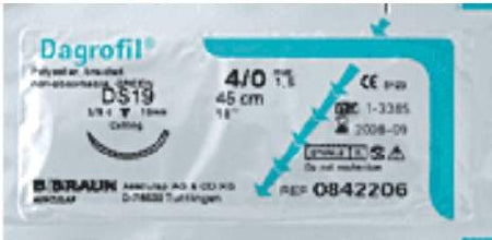 Aesculap Dagrofil Suture with Needle Nonabsorbable Uncoated White Suture Braided Polyester Size 4-0 45 cm Suture 1-Needle 13 mm Length 3/8 Circle Reverse Cutting Needle - C0854336