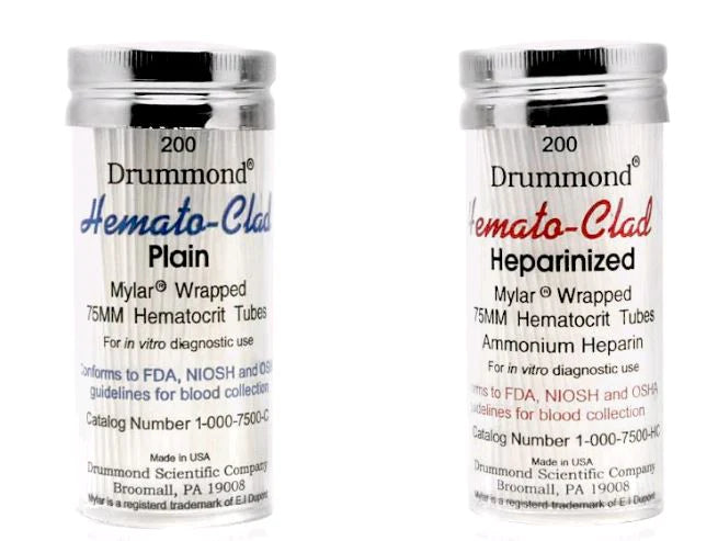 Hemato-Clad - Capillary Blood Collection Tube Micro-hematocrit Ammonium Heparin Additive 75 mm Length 40 µL Red Stripe Without Closure Mylar Wrapped Glass Tube - CNT-HTMC-HP77