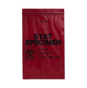 RD Plastics Company Opaque Color Coded Specimen Transport Bag with Document Pouch 6 X 9 Inch Plastic STAT / Biohazard Symbol / Storage Instructions Adhesive Closure NonSterile - Q867