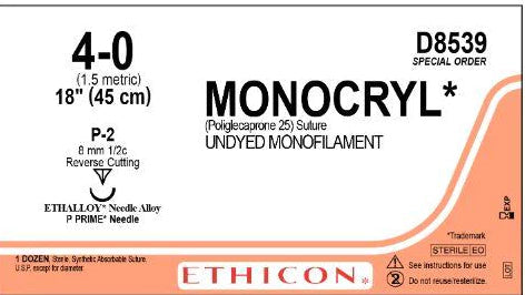 Monocryl - Suture with Needle Absorbable Uncoated Undyed Suture Monofilament Poliglecaprone Size 4 - 0 18 Inch Suture 1-Needle 8 mm Length 1/2 Circle Precision Point - Reverse Cutting Needle - D8539