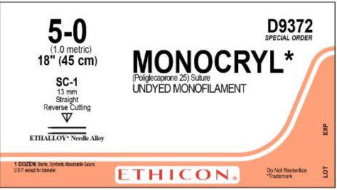 J & J Healthcare Systems Monocryl Suture without Needle Monofilament Poliglecaprone Absorbable Size 5 - 0 18 Inch Suture - D9372