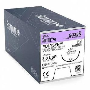 Surgical Specialties Suture With Needle Polysyn Absorbable Coated Violet Suture Braided Polyglycolic Acid Suture Size 3 - 0 27 Inch Suture 1-Needle 36 Mm Length 1/2 Circle Taper Point Needle - G338N