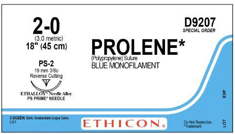 Prolene - Suture with Needle Nonabsorbable Uncoated Blue Suture Monofilament Polypropylene Suture Size 2 - 0 18 Inch Suture 1-Needle 19 mm Length 3/8 Circle Precision Point - Reverse Cutting Needle - D9207