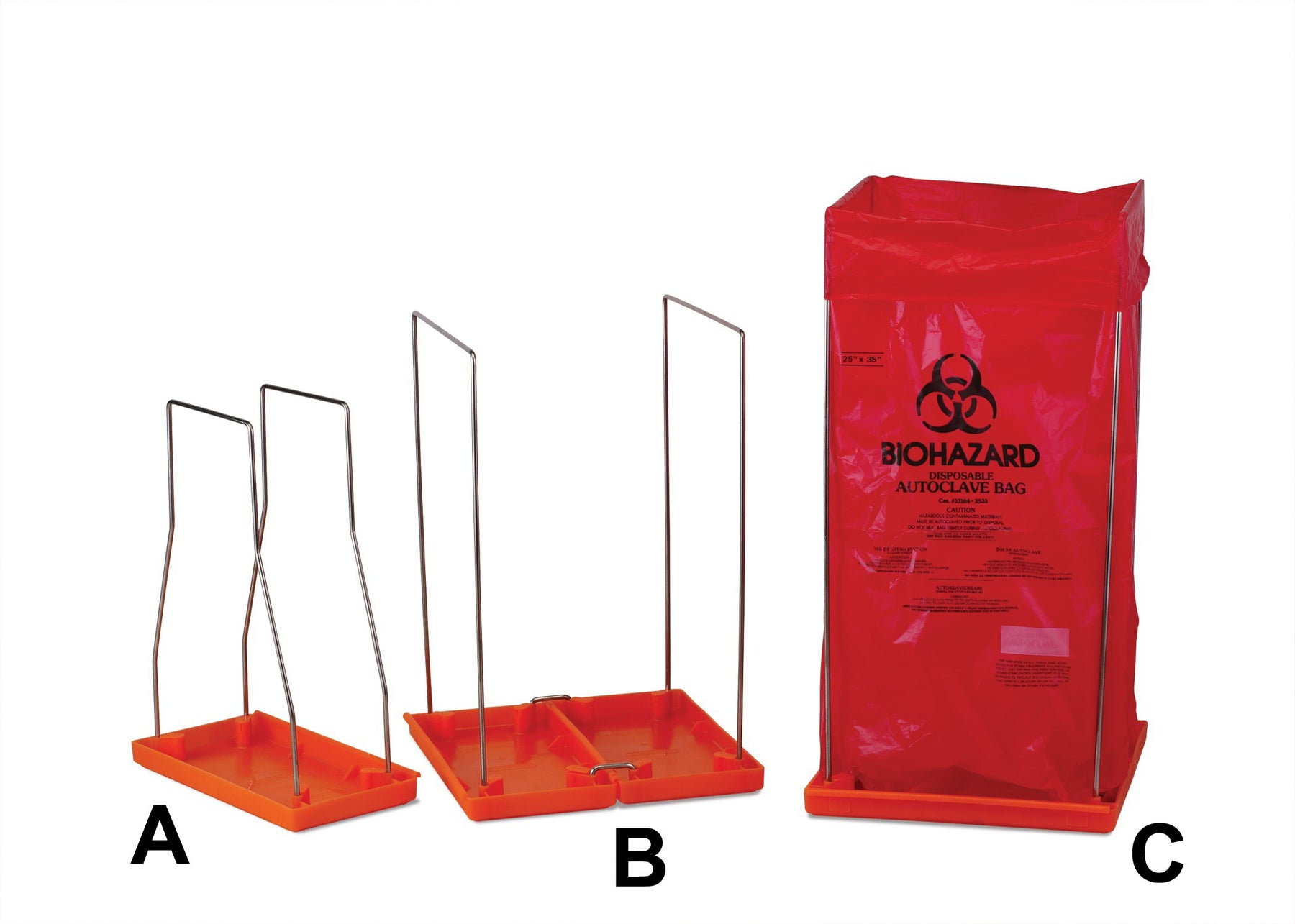 Bel-Art Products Clavies Biohazard Bag Holder Orange Stainless Steel Wire Frame / Polypropylene Bottom Benchtop - 13192-0001