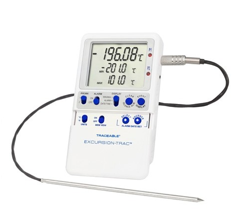 Traceable Excursion-Trac - Datalogging Liquid Nitrogen Thermometer with Alarm Fahrenheit / Celsius -328° to +221°F (-200° to +105°C) Stainless Steel Probe Multiple Mounting Options Battery Operated - 98768-57