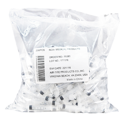 AirTite Products Air-Tite Veterinary Syringe 5 mL Bulk Pack Luer Lock Tip Without Safety - LB5