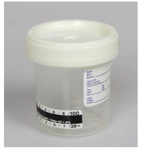 DuoClick - Specimen Container with Temperature Strip 53 mm Opening 90 mL (3 oz.) Screw Cap Patient Information Sterile - ES243225