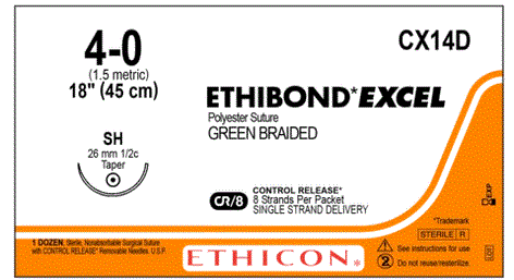 Ethibond - Suture with Needle Nonabsorbable Coated Green Suture Braided Polyester Size 4 - 0 18 Inch Suture 1-Needle 26 mm Length 1/2 Circle Taper Point Needle - CX14D